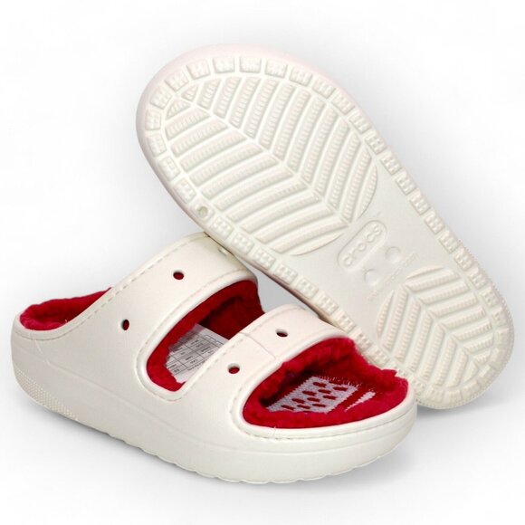 Crocs Classic Cozzzy Unisex Sandals Holiday Sweater Red White Lined New - Picture 8 of 10